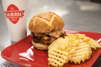 Gridiron burger, waffle fries and drink