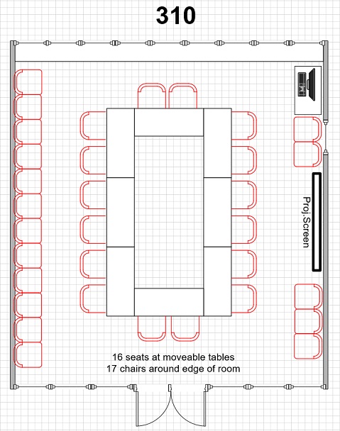 diagram of room 310 16 seats at tables arranged in a square with 17 chairs around exterior of the room