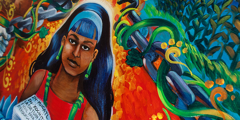 Flor y Canto (6’x6’ painting) by Jose “Nuke” Montalvo 2009 [4th floor Chicanx Latinx Student Center]